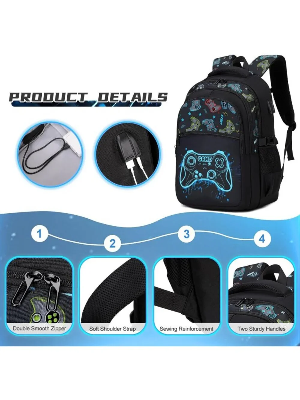 Luminous Gamer Boys Backpack with Lunch Box for School, Stylish & Functional